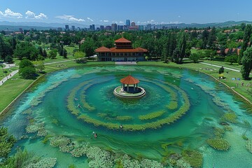 Scenic aerial view of a park with a central pond surrounded by lush greenery and a cityscape in the background