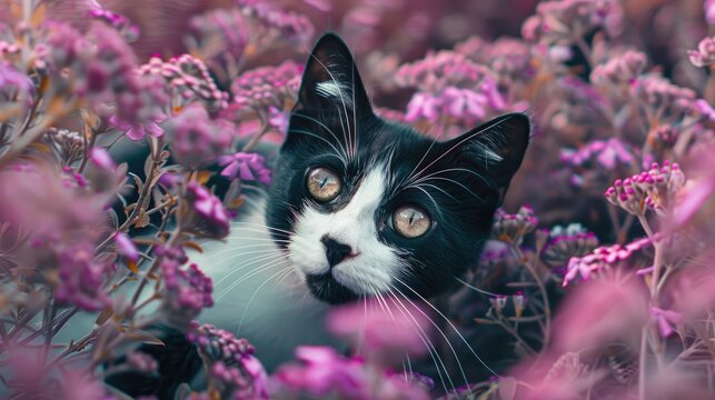 Curious black and white cat exploring painted purple brunia flowers