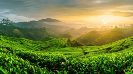 Photo of green tea plantation at sunrise nature background