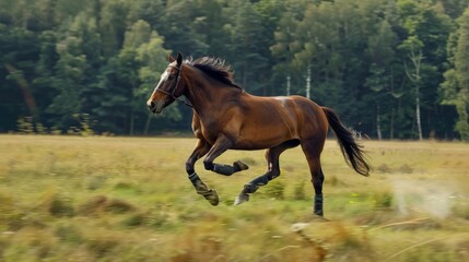 Obraz premium Brown Horse Galloping Through a Green Field