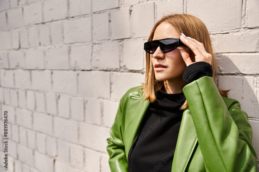 Wall mural Stylish woman in green jacket and sunglasses leaning against a brick wall.