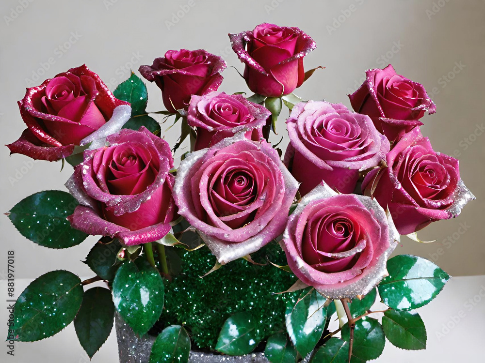 Sticker bouquet of pink roses in a glass vase.