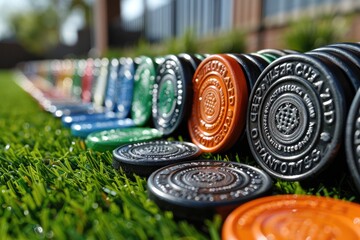 Closeup of colorful carrom coins arranged on green grass under sunlight