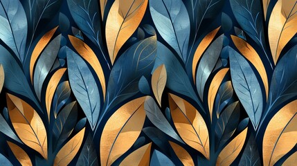 Geometric Floral Vector Seamless Pattern with Art Deco Leaves Design, Abstract Texture Background