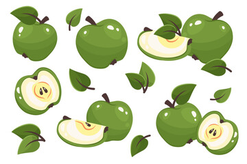 Set of whole, half and apple slice isolated on white background. Fresh ripe fruit with leaves close up. Apple top view.Organic food. Vector illustration for healthy lifestyle, good nutrition