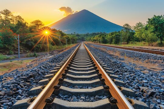 Railroad tracks vanishing into the distance with a majestic mountain backdrop