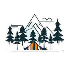 Camping Under Majestic Peaks: A minimalist illustration of a cozy orange tent nestled amidst a serene forest, dwarfed by the towering presence of snow-capped mountains.