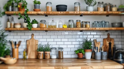 Show the beauty of a plastic-free lifestyle with reusable products in a stylish kitchen