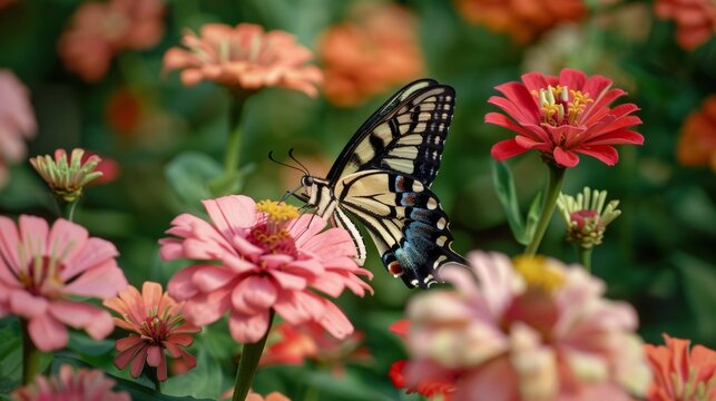 A lemon butterfly flies to the nectar of a pink zinnia. Papilo demonstrates.
