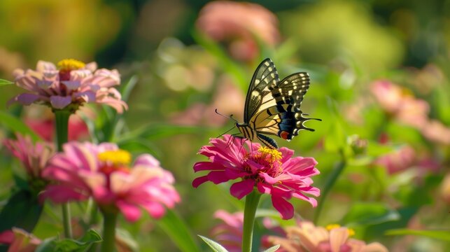 A lemon butterfly flies to the nectar of a pink zinnia. Papilo demonstrates.