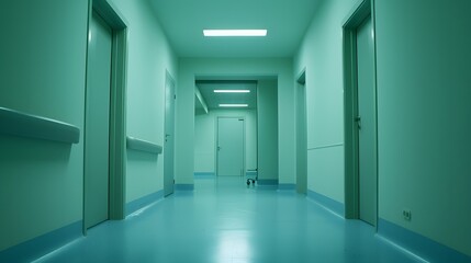 Obraz premium Empty white room seen through green doorway in modern hospital. 