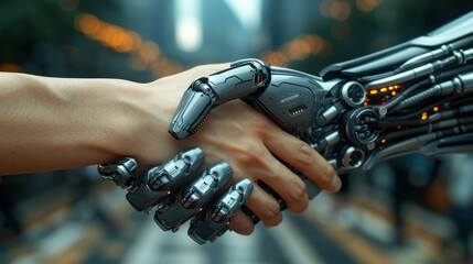 Close-up of a human hand shaking hands with a robotic hand, representing the collaboration between humans and AI technology in a modern, futuristic setting.