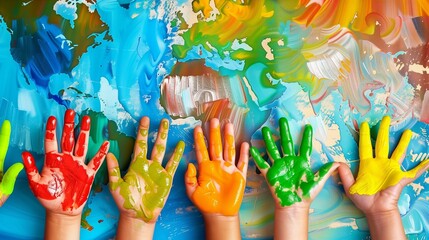 Obraz premium International Children's Day Banner with Hands and Colors Celebrating Community Care