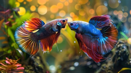 Photo of male and female Siamese fighting fish (betta imbellis).
