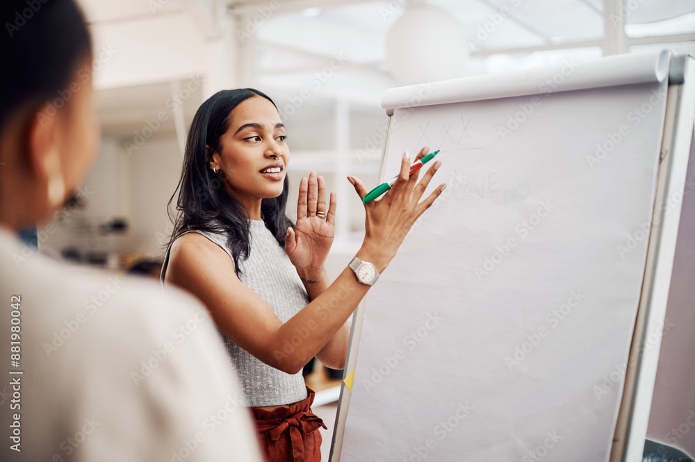 Aufkleber Woman, mentor and whiteboard in office for training, teaching and learning for skill or career development. People, employee and coach or leader at workshop with internship program and motivation