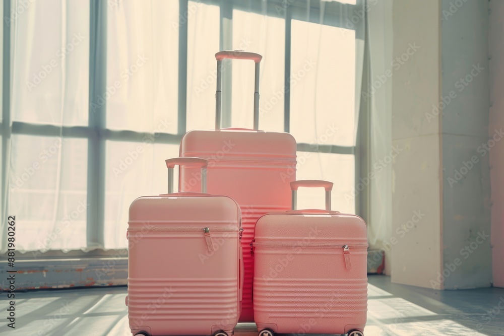 Poster two pink suitcases placed side by side in front of a window, with natural light pouring in