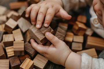 Tiny Hands Holding a Wooden Block Amidst a Pile of Blocks