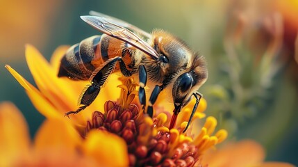 Fototapeta premium Highlight the importance of bees with a close-up of a bee on a vibrant flower