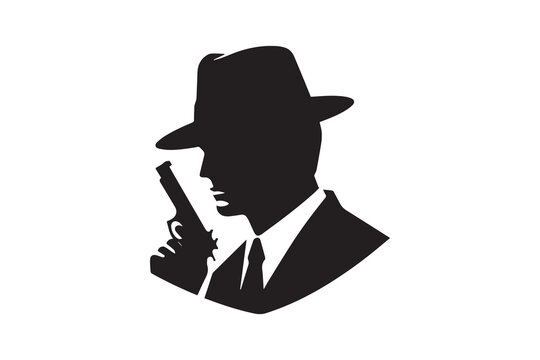 recommend clip art: MAFIA logo character silhouette man head in hat. detective mafia silhouette hat spies