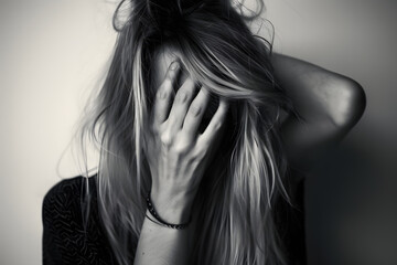 Blonde girl covering her face with her left hand. Image in black and white noir. Depicting sad, worried, frustrated emotion, like the female messed up or is stressed about something, unhappy, unsure