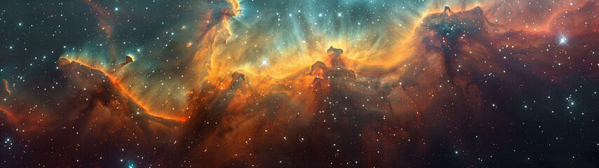 Deep space astrophotography of a colorful nebula, universe background panorama