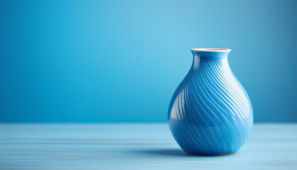 Blue ceramic vase against empty blue backdrop. Home decor. Interior decoration.
