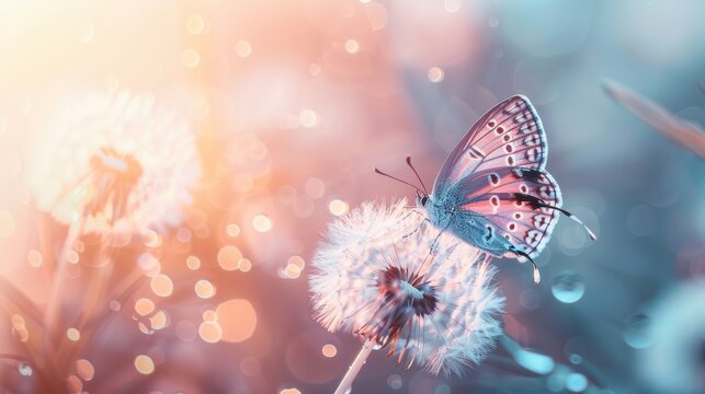 Fototapeta Natural pastel background photos Morpho butterfly and dandelion Dandelion seeds in dew drops on sunrise background