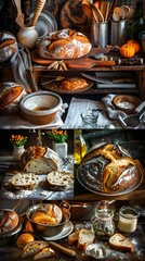 Fototapeta premium Artisanal Sourdough Boule with Caramelized Crust and Vintage Inspired Homemade Bread Setting