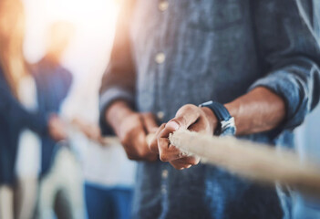 People, pull or hands for team building in office with battle, collaboration with game for company....