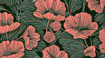 Fototapeta premium Hand-Drawn Green Floral Art Background in Coral and Pink Line Style – Elegant Botanical Wallpaper for Interior Decor, Banners, Prints, Textiles, and Packaging