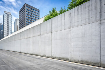 Urban city street with a lengthy concrete wall covered in clean white plaster, featuring ample copy space for text or design, perfect for branding or advertising.