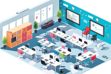 Modern Classroom Interior with Desks, Chairs, and Whiteboards
