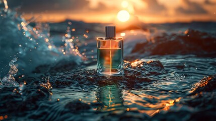 Product photography scene with a bottle of Green perfume placed on a dark grey rocky water surface  " ai generated "
