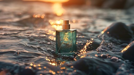 Product photography scene with a bottle of Green perfume placed on a dark grey rocky water surface  " ai generated "

