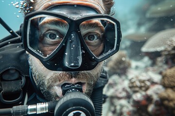 A male diver takes a photo of the vibrant coral reef with his underwater camera, surrounded by the ocean's wonders. The wetsuit and scuba gear are a testament to his adventurous spirit.