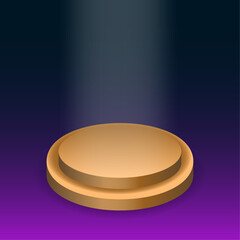 A golden two-tiered podium with light falling on it on a dark purple background.