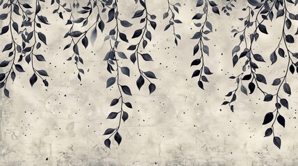 Seamless Pattern of Hand-Drawn Branches with Leaves Hanging on Textured Background