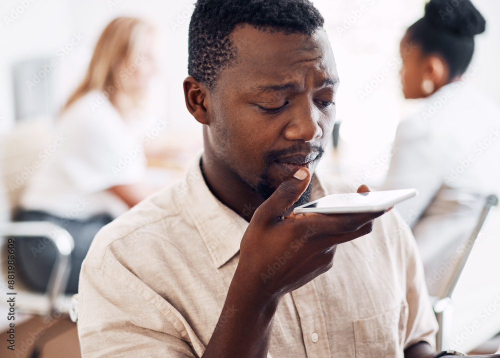 Poster black man, speaker and smartphone at desk for networking, communication and mobile app. social media