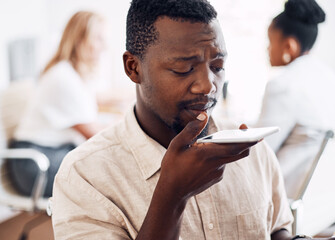 Black man, speaker and smartphone at desk for networking, communication and mobile app. Social media, conversation and male person in office with technology for voice, internet and audio feedback