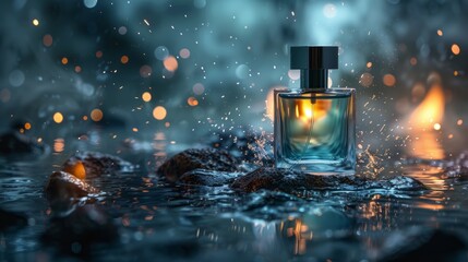 Product photography scene with a bottle of Green perfume placed on a dark grey rocky water surface  " ai generated "
