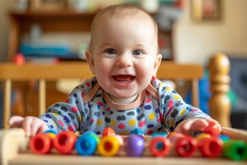 Portrait of a Happy Baby Playing with Toys