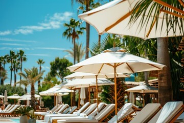 A row of comfortable lounge chairs are set under large white parasols, all positioned around an inviting pool under a clear blue sky, perfect for a relaxing day at a resort.