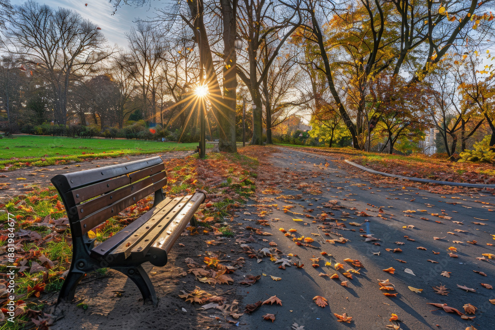 Poster sun shining through trees on a path covered with fallen leaves in a park in autumn