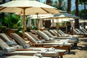 A stunning beachside scene featuring elegant white loungers with soft cushions and large white umbrellas, perfectly arranged under the shade of majestic palm trees.
