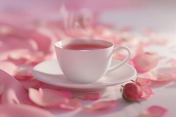 Tea cup among rose petals on pink background . Tea in a white cup.  Summer cup of tea. 