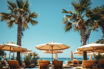 A tranquil beach resort lined with tall palm trees, featuring comfortable loungers under large umbrellas. The clear blue sky enhances the idyllic and peaceful atmosphere.