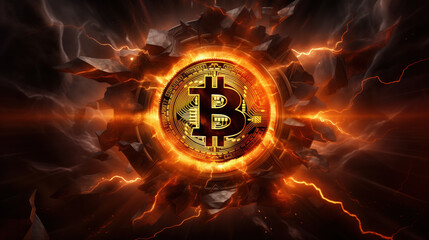 Explosive Bitcoin Concept with Fiery Background