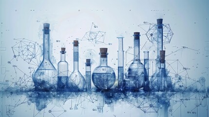 A creative illustration featuring transparent glass bottles and flasks overlaid with digital molecular structures and geometric connections on a reflective surface.