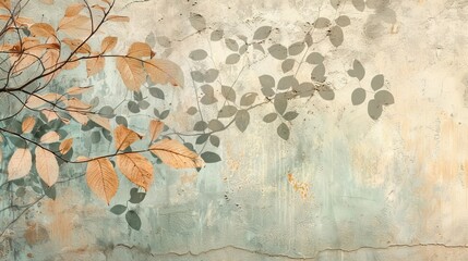 Large Art Painted Leaves on Textured Wall in Soft Pastel Shades for Interiors