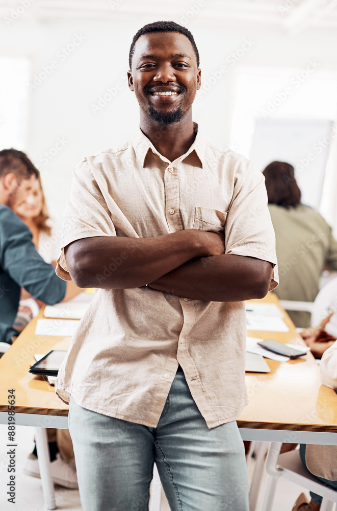 Poster employee, black man and arms crossed in office for meeting with brainstorming and strategy. happy, c